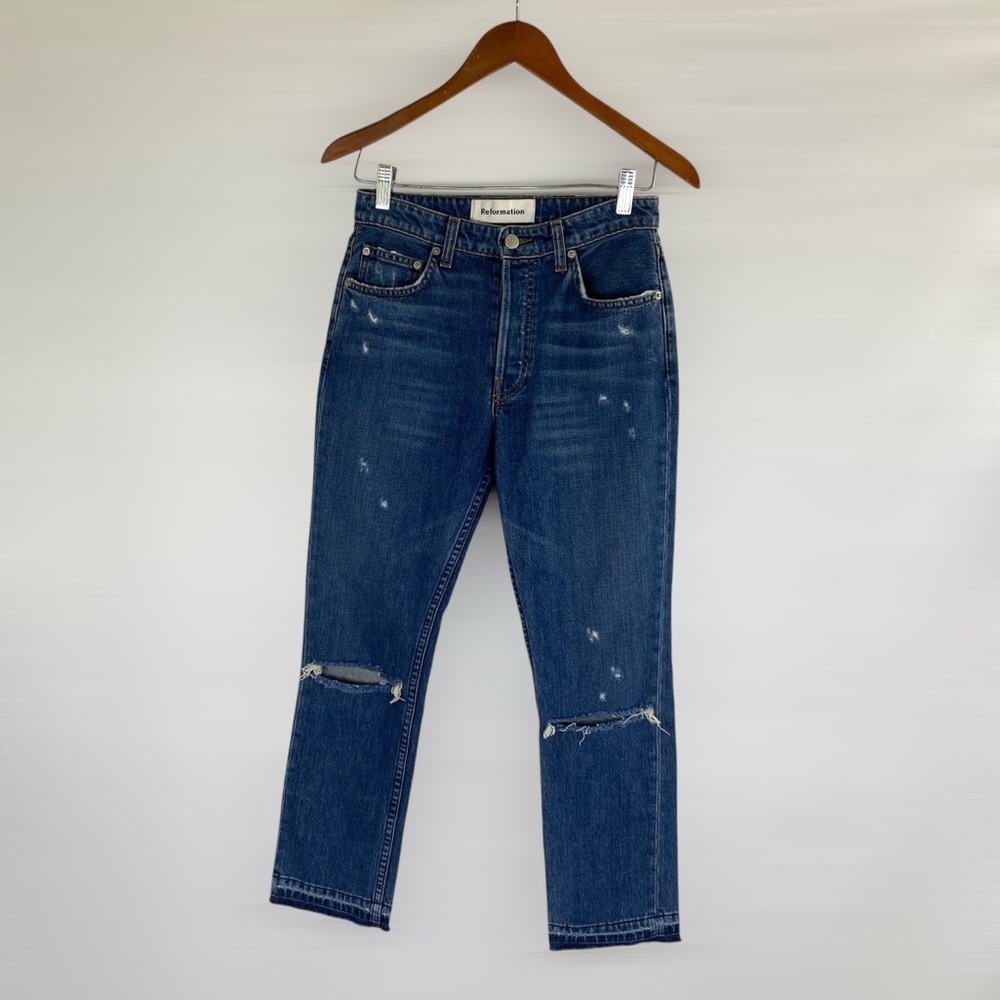 REFORMATION Distressed Mid Rise Jean in Celtic Distressed Denim Pants